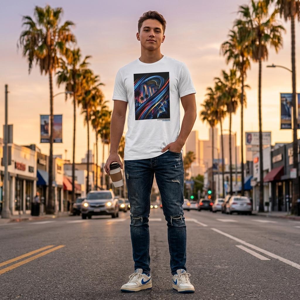 Person standing on a city street with palm trees and buildings in the background