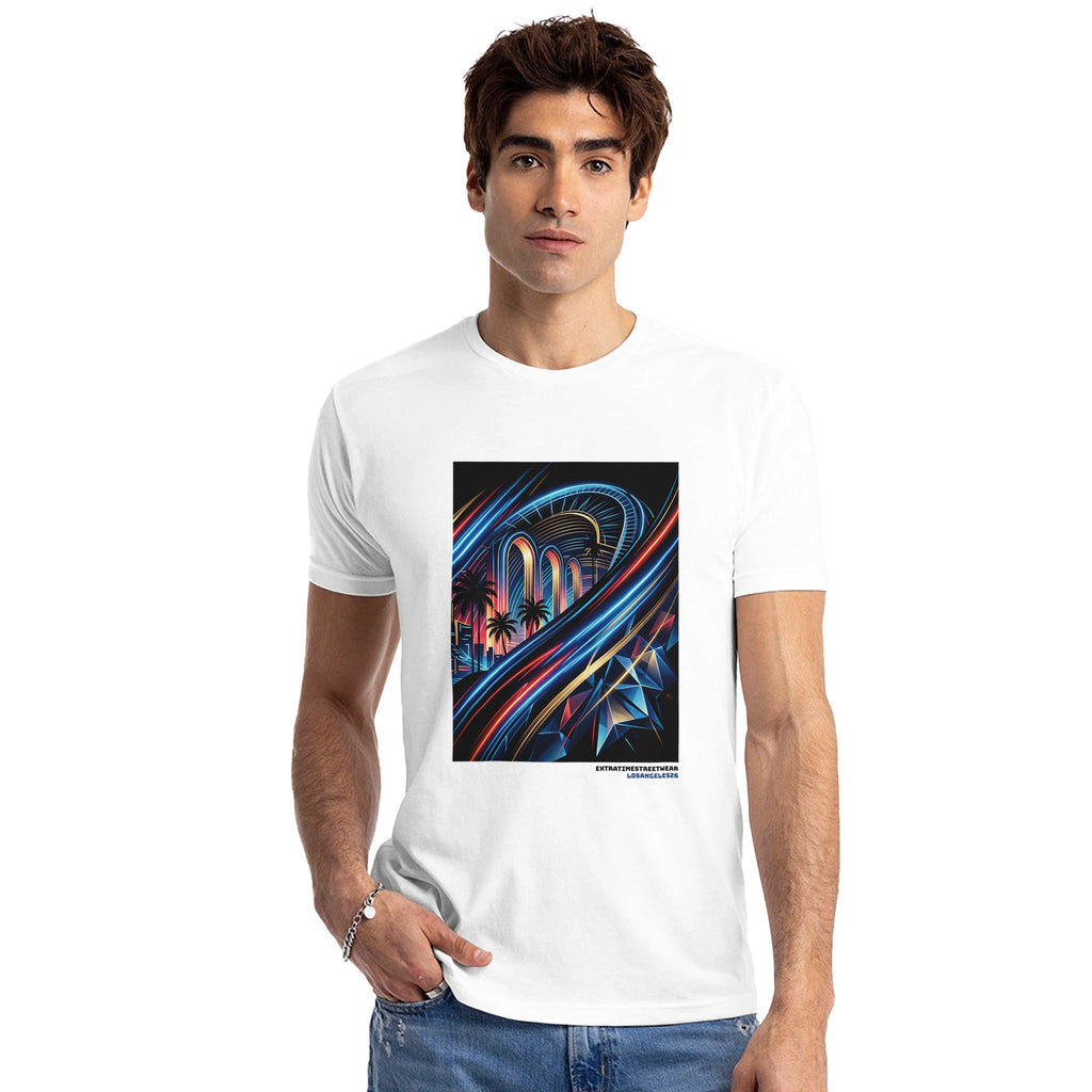 Man wearing white shirt with abstract design on front. 