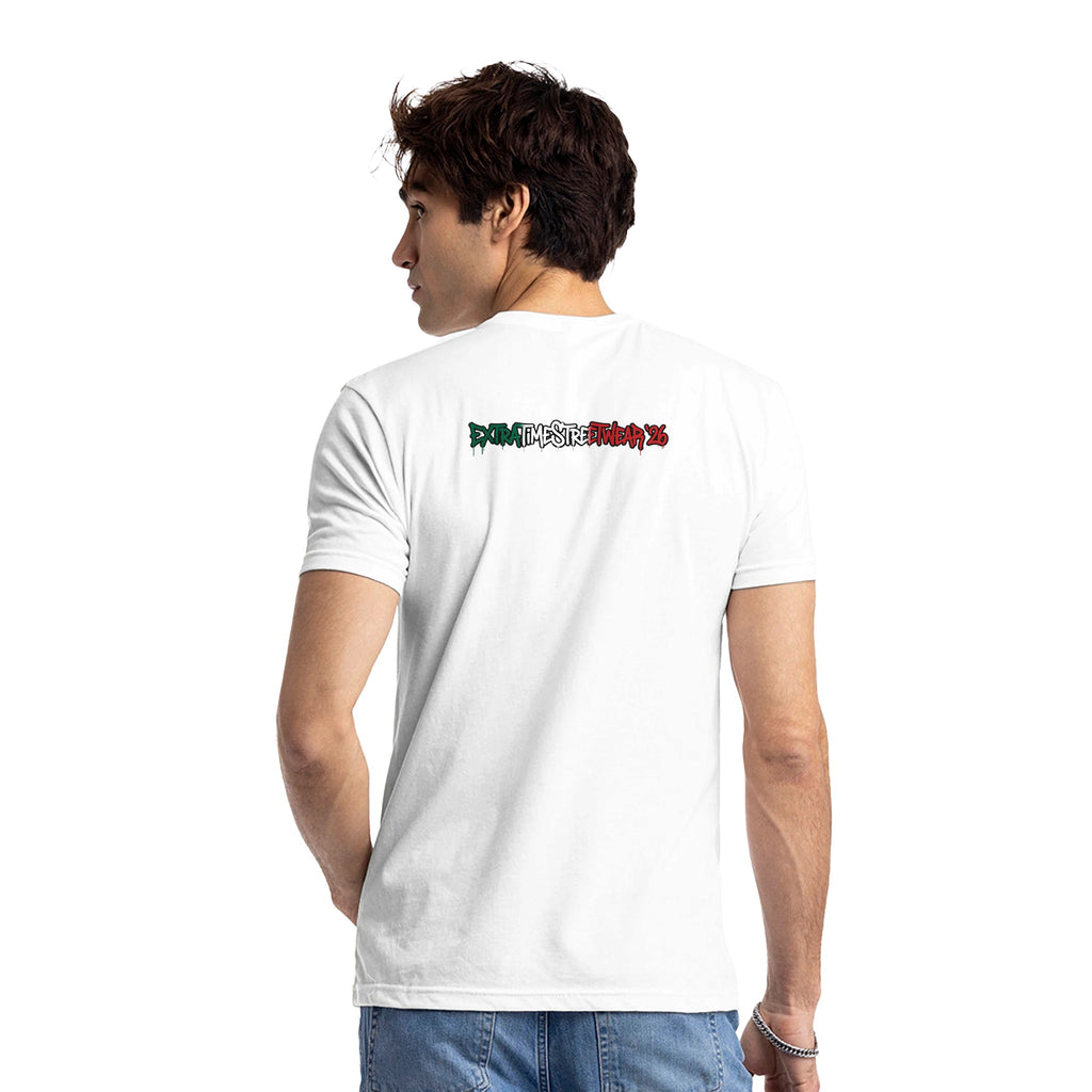 White shirt with graphic print on back.
