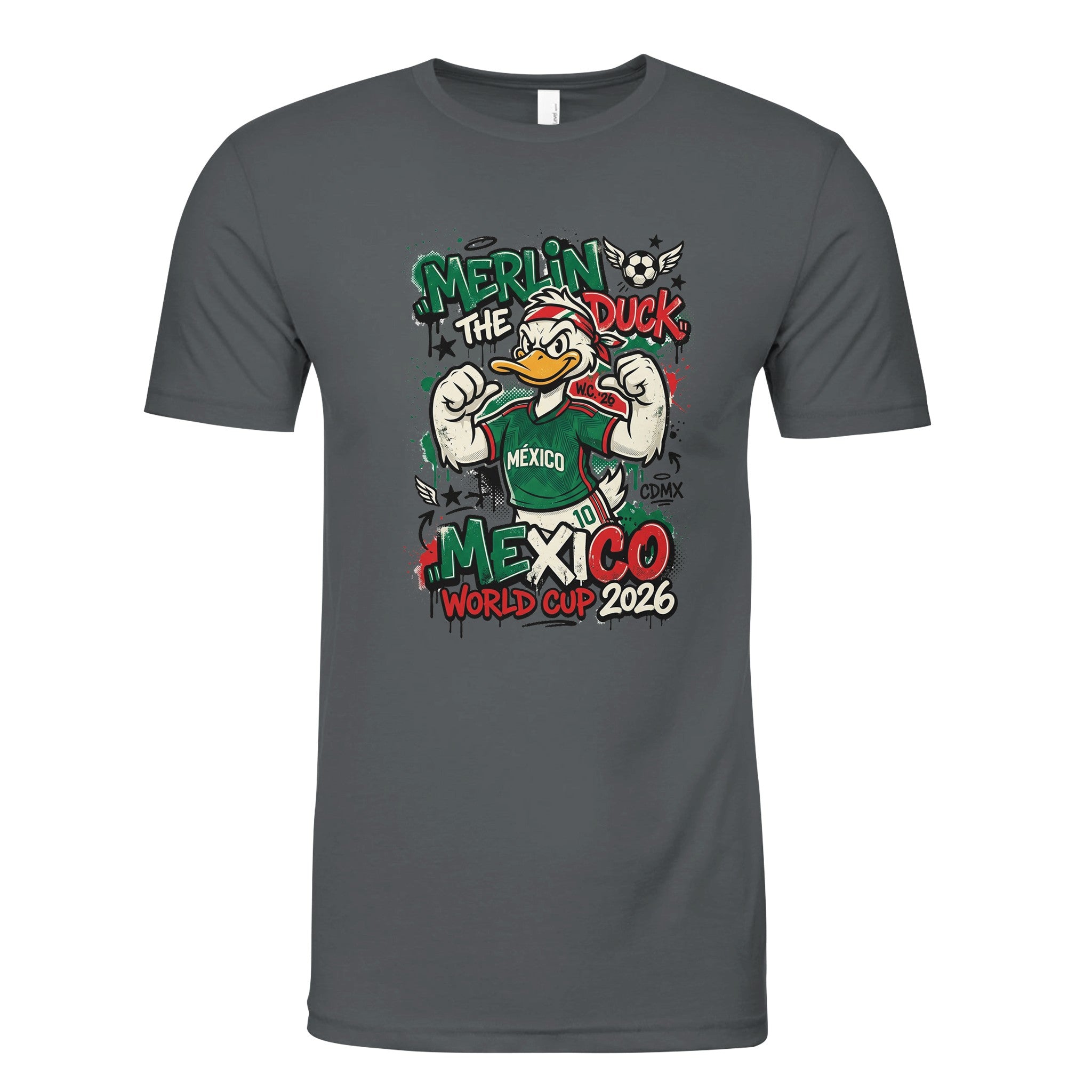 Charcoal shirt with graphic print on front.
