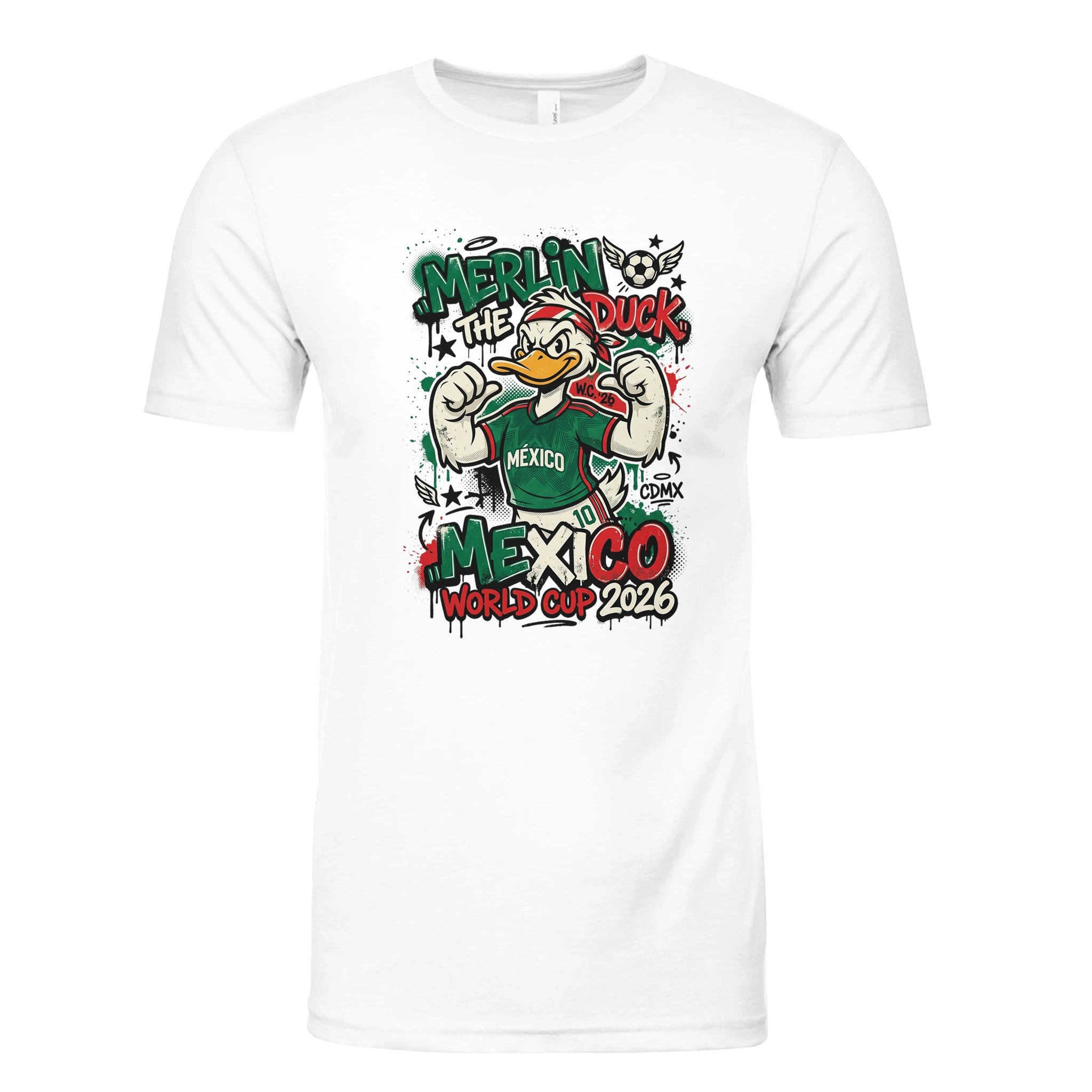 White shirt with graphic print on front.