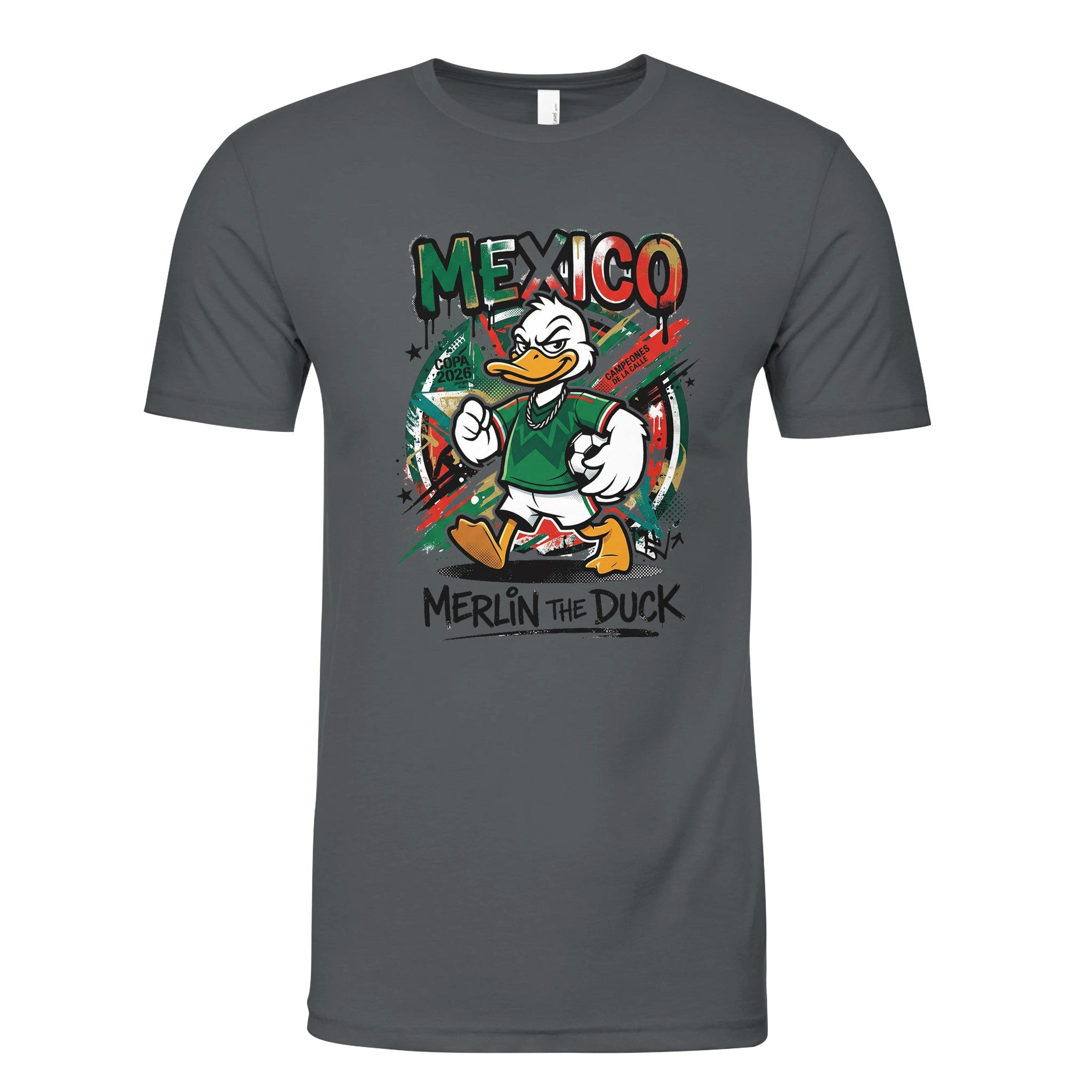Charcoal shirt with graphic print on front.