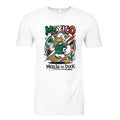 White shirt with graphic print on front.