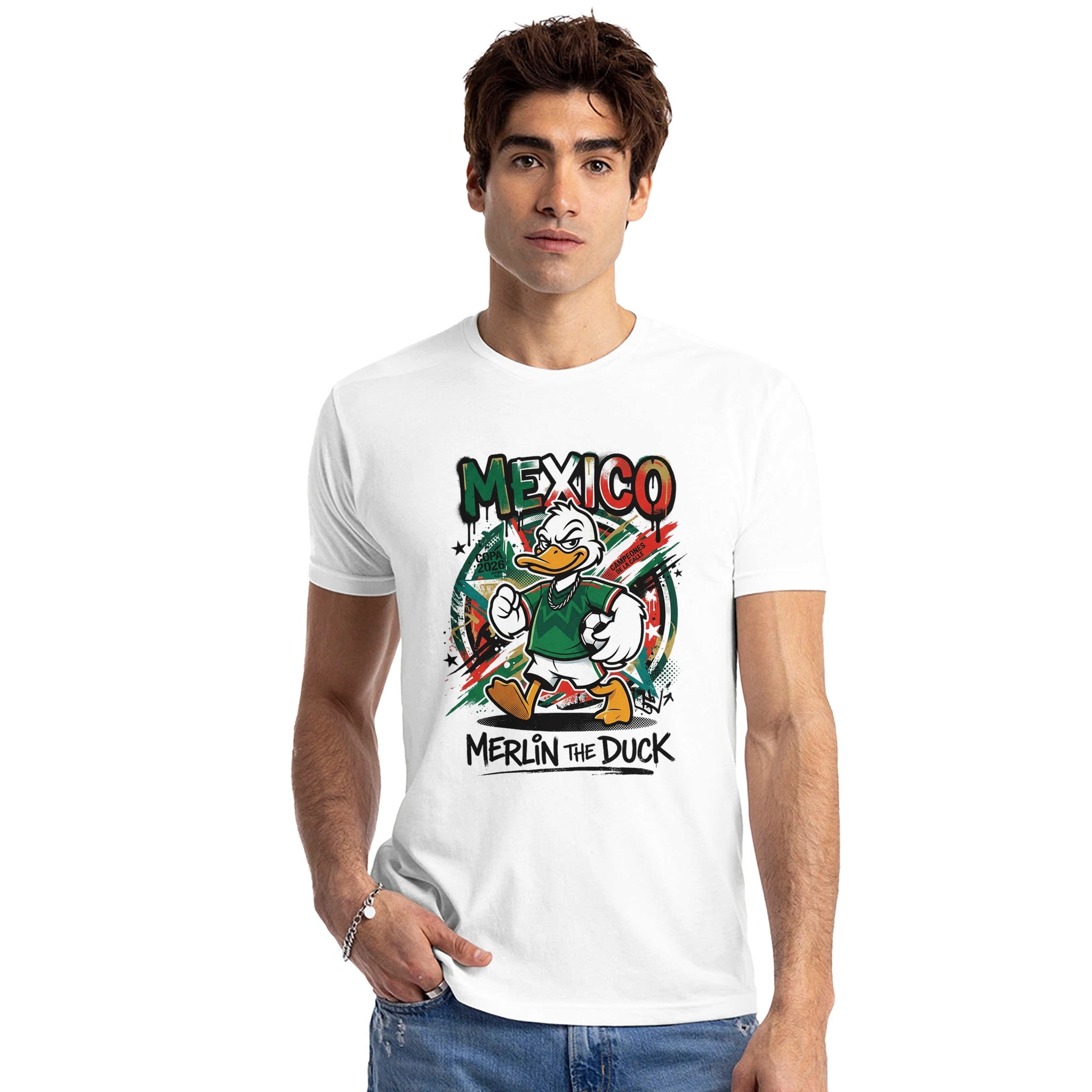 Male with white shirt with graphic print on front.