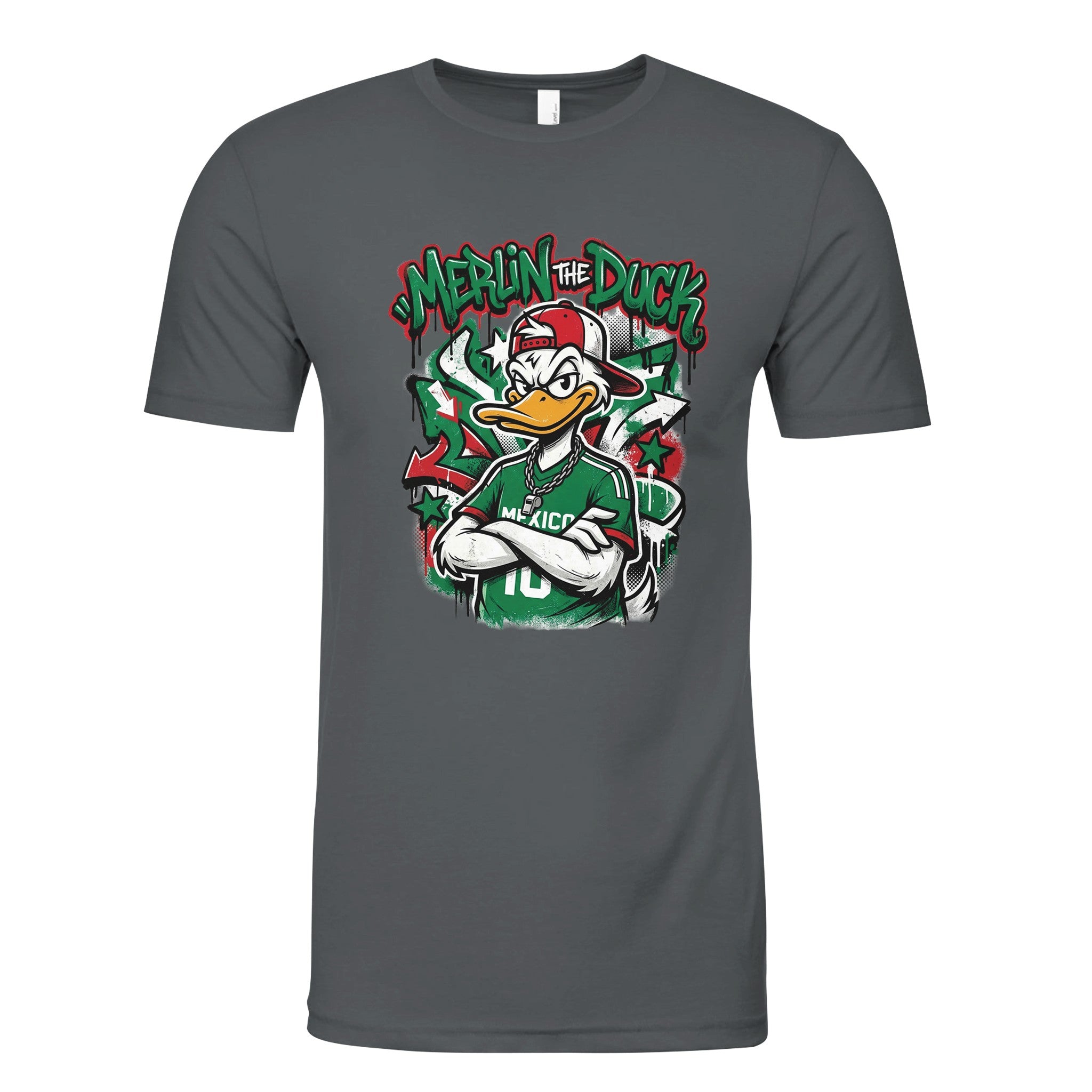 Charcoal shirt with graphic print on front.