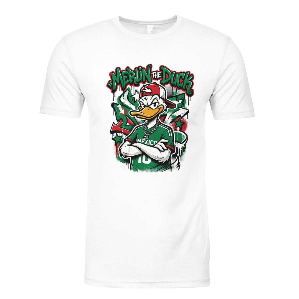 White shirt with graphic print on front.
