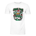 White shirt with graphic print on front.