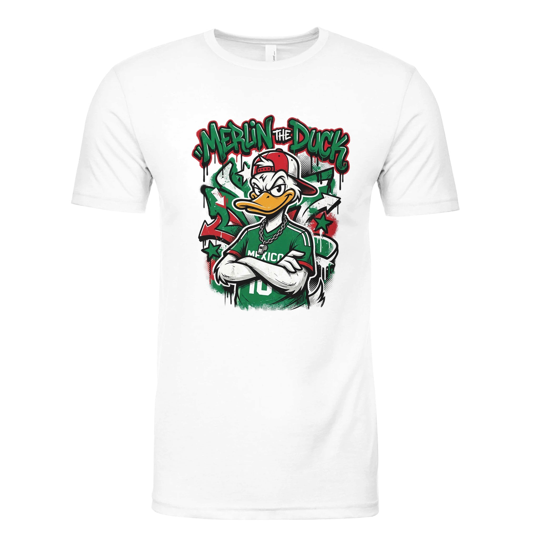 White shirt with graphic print on front.