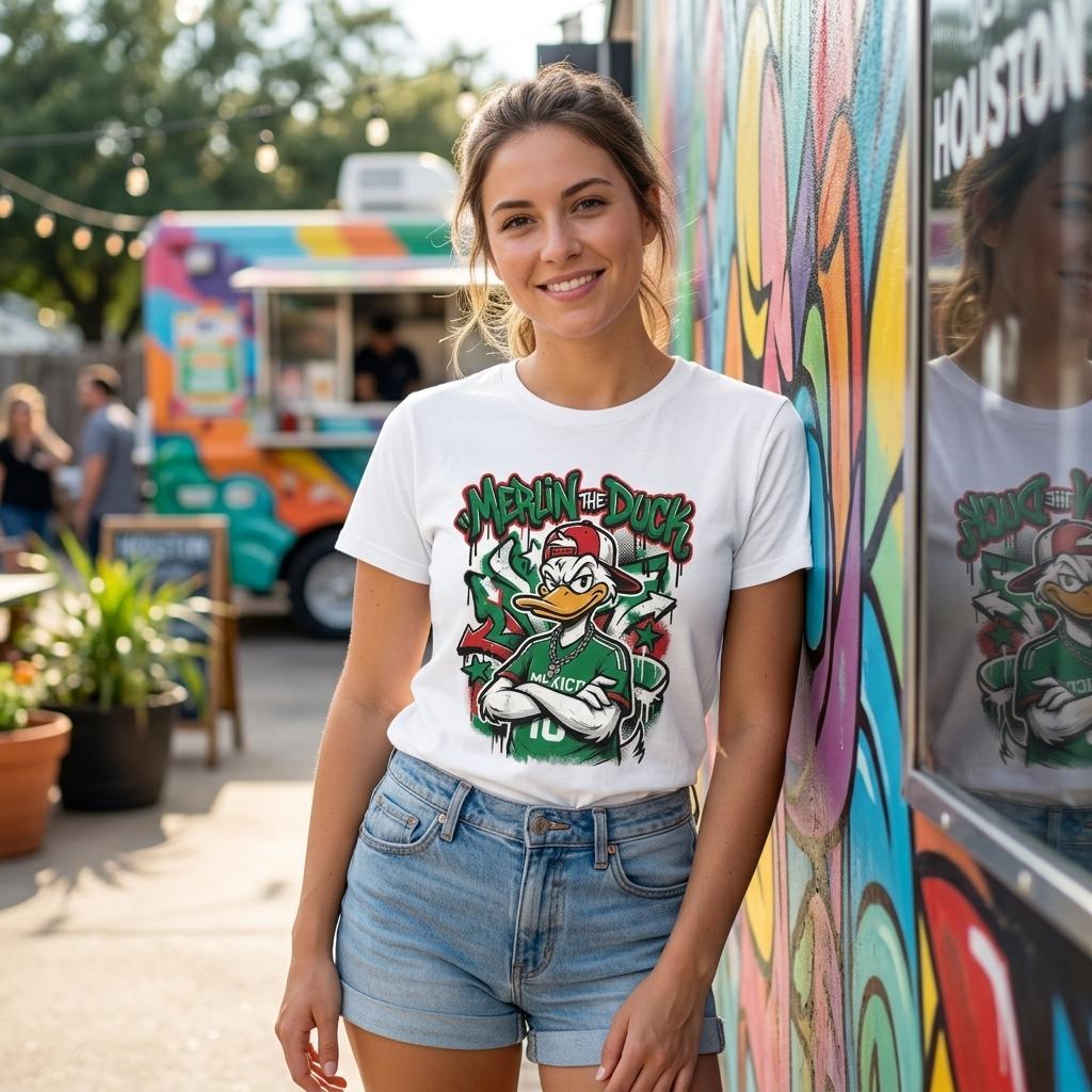 Woman posing while leaning against food truck.