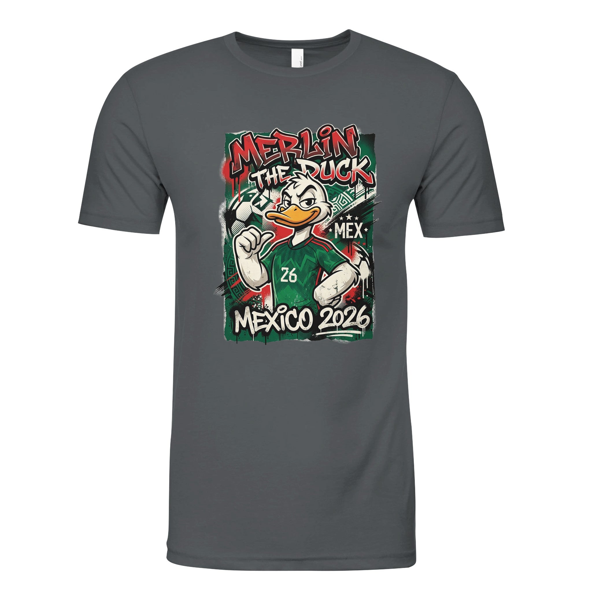 Charcoal shirt with graphic print on front.