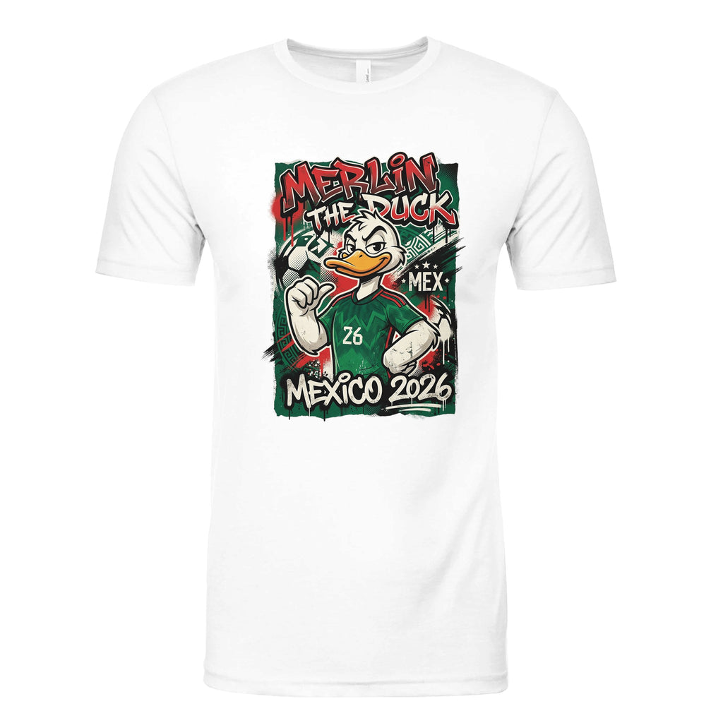 White shirt with graphic print on front.