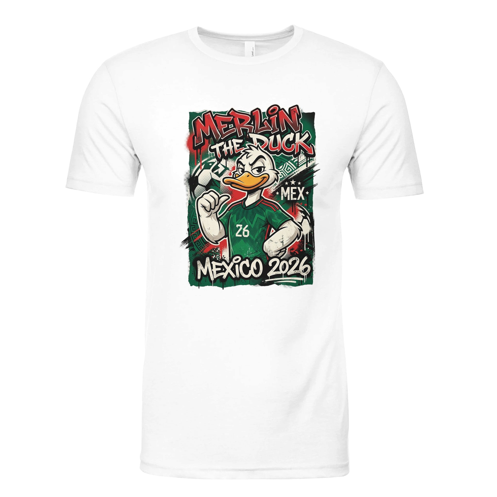 White shirt with graphic print on front.