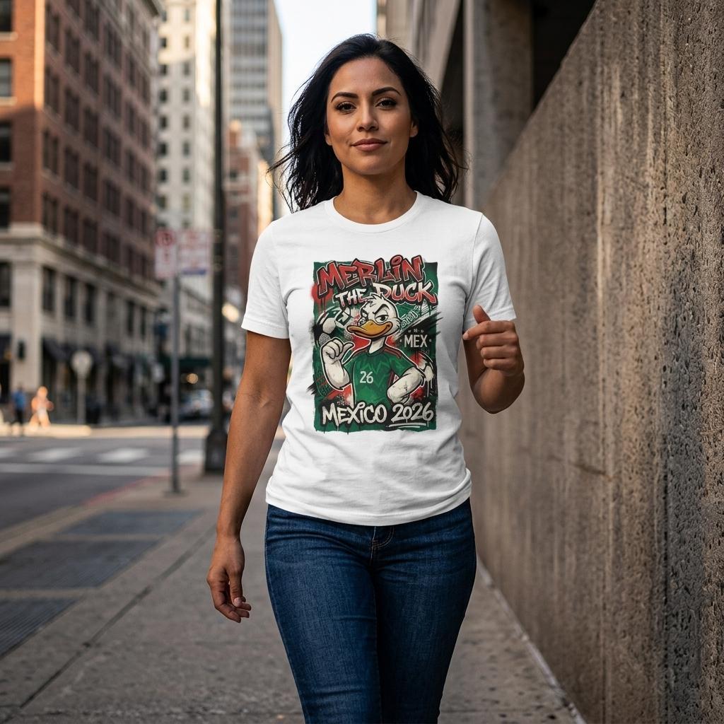Woman walking on city street.
