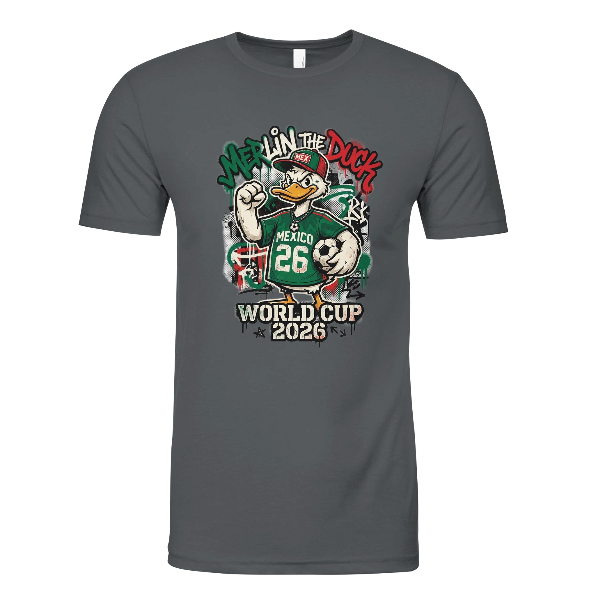 Charcoal shirt with graphic print on front.