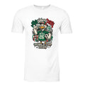 White shirt with graphic print on front.