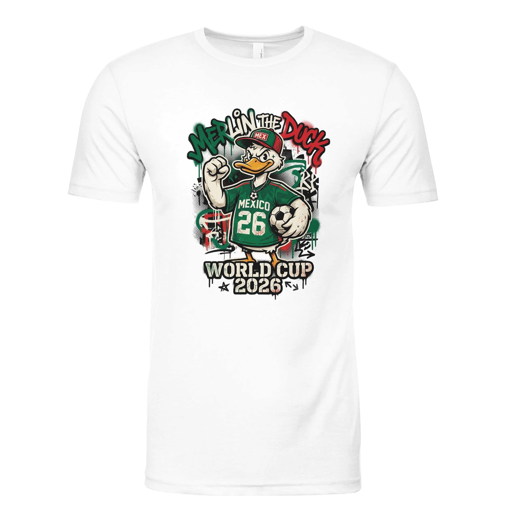 White shirt with graphic print on front.