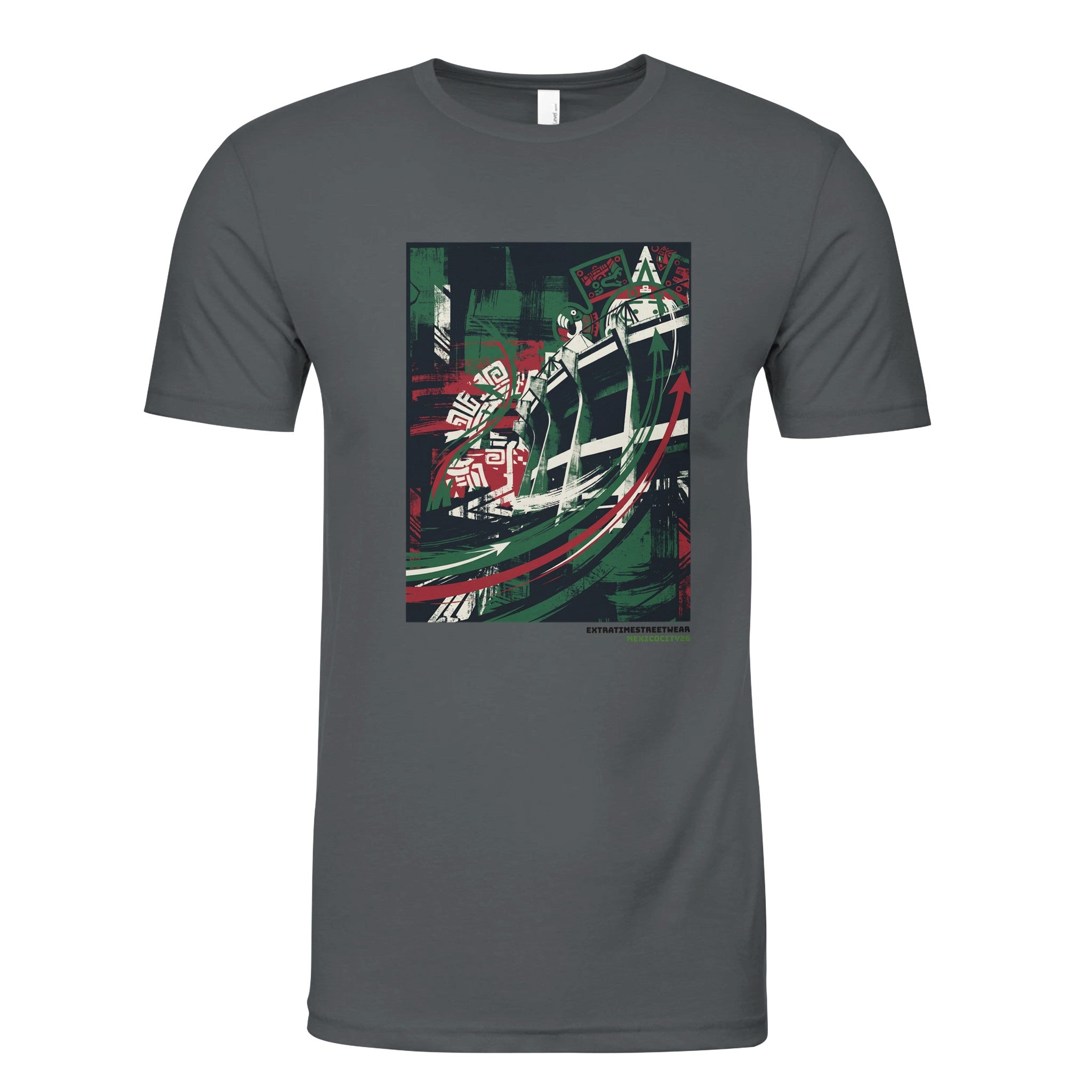Gray shirt with Mexico City inspired design on front. 