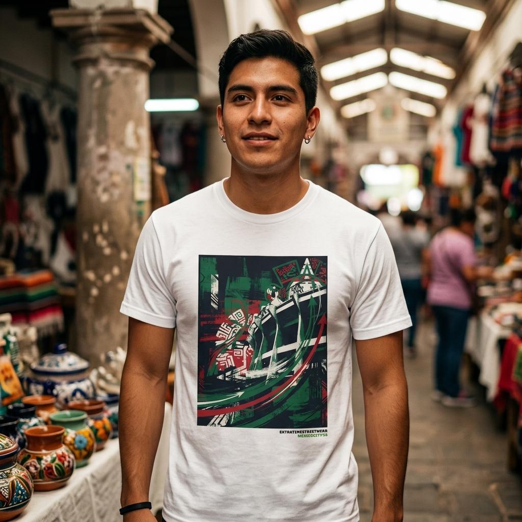 Man wearing a white t-shirt with a colorful graphic design in a market setting