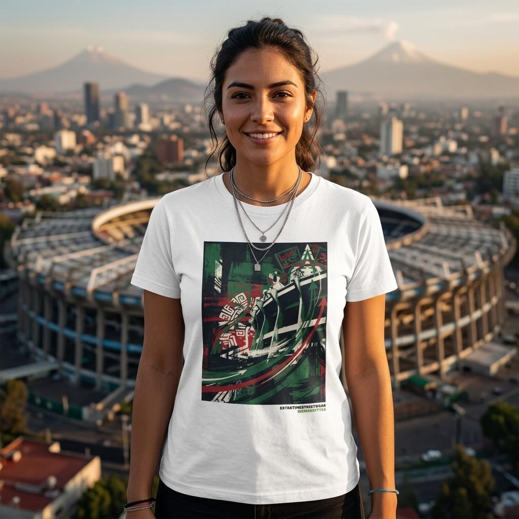 Woman wearing white shirt with Mexico City stadium in the background. 