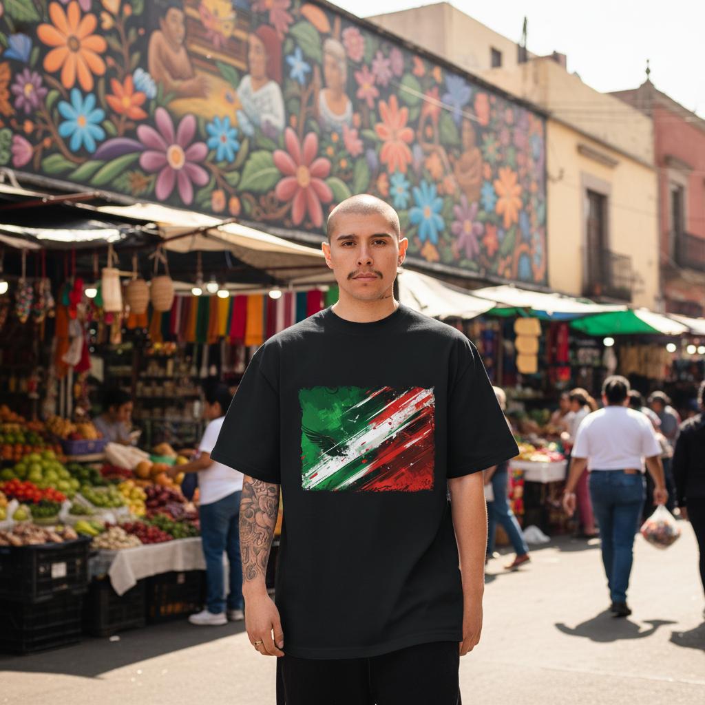 Mexico El Tri Dark Mode. Man wearing a black t-shirt with a colorful design in an outdoor market setting