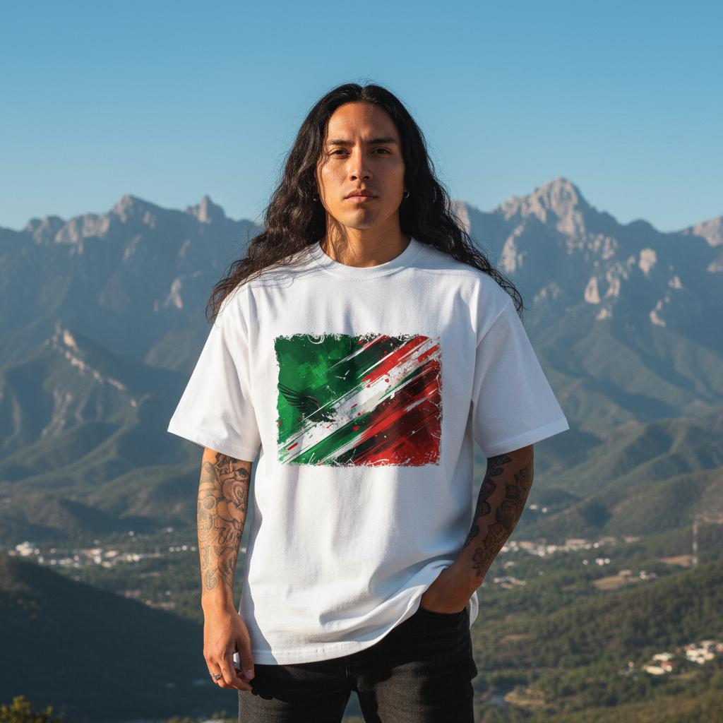 Mexico El Tri Light Mode. Person wearing a white t-shirt with a colorful design in front of mountainous landscape