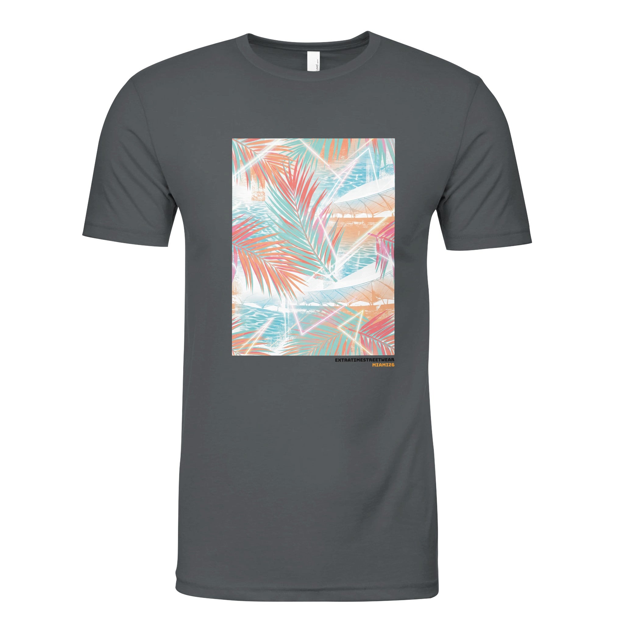 Gray shirt with palm leaf inspired design on front.