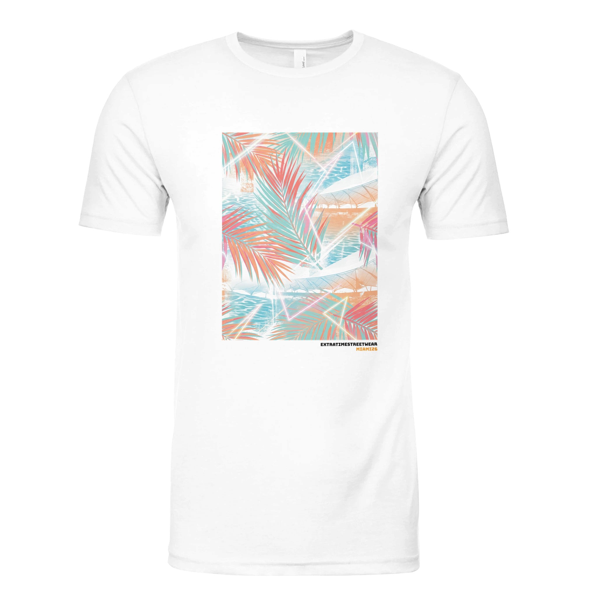 White t-shirt with colorful palm leaf pattern on a white background