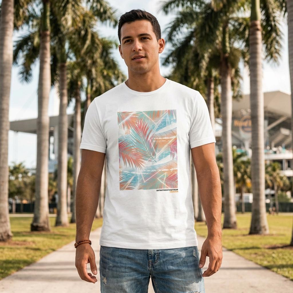 Man wearing a white t-shirt with a colorful geometric design in a park with palm trees.