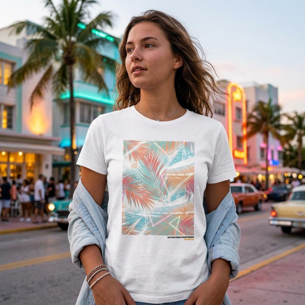 Woman wearing a white t-shirt with a colorful palm leaf design on a street scene.