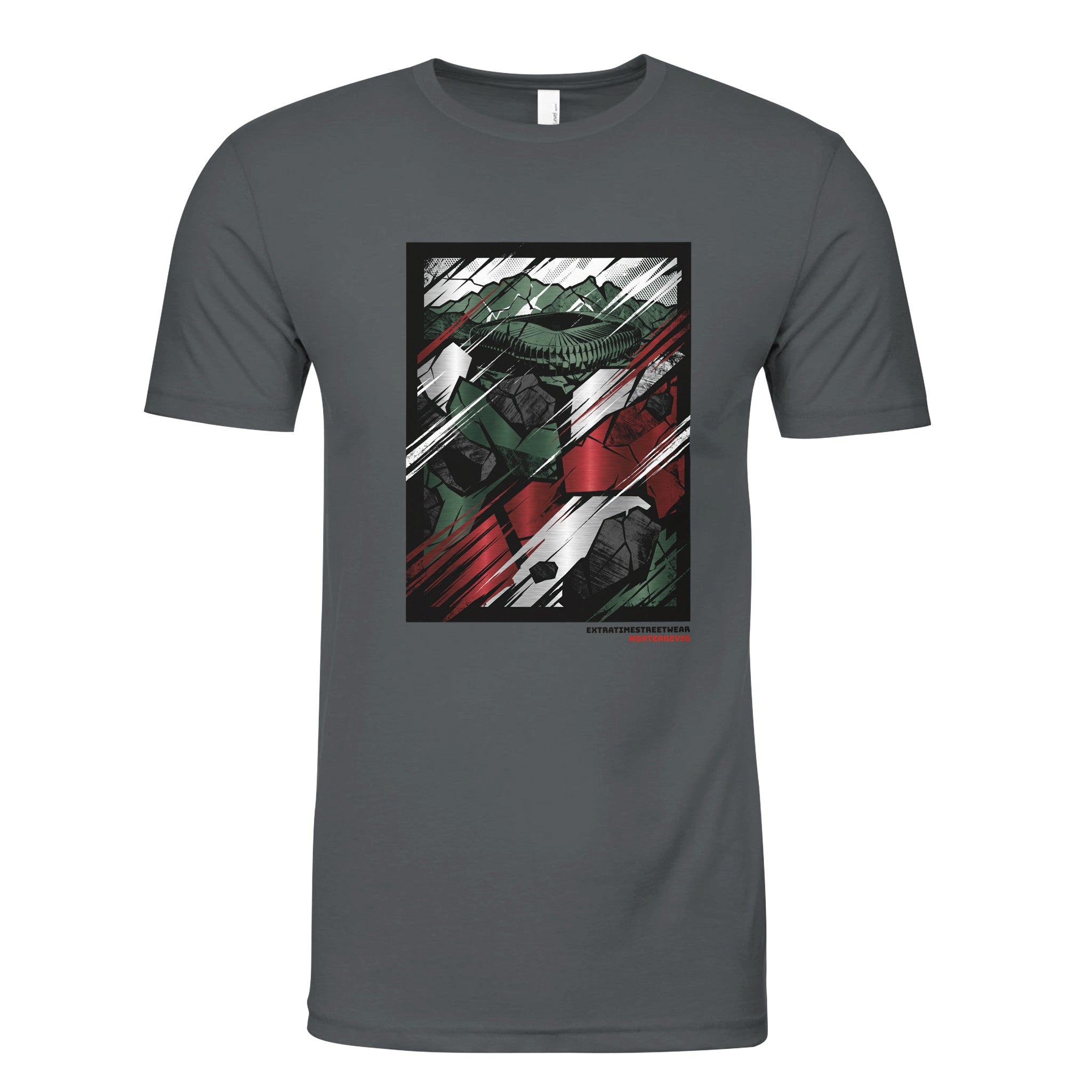 Gray t-shirt with a graphic design on a white background