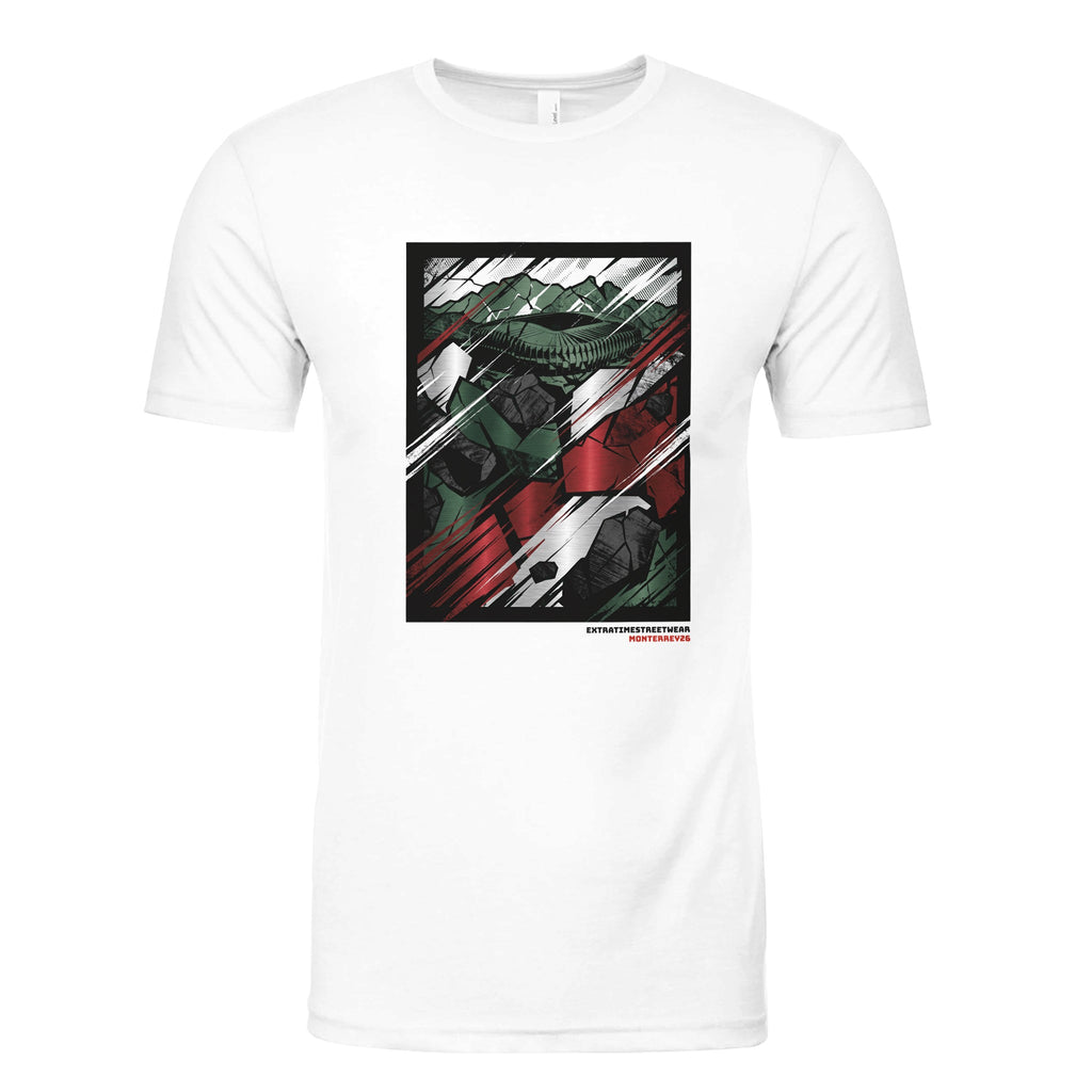 White t-shirt with a graphic design on a white background