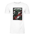 White t-shirt with a graphic design on a white background