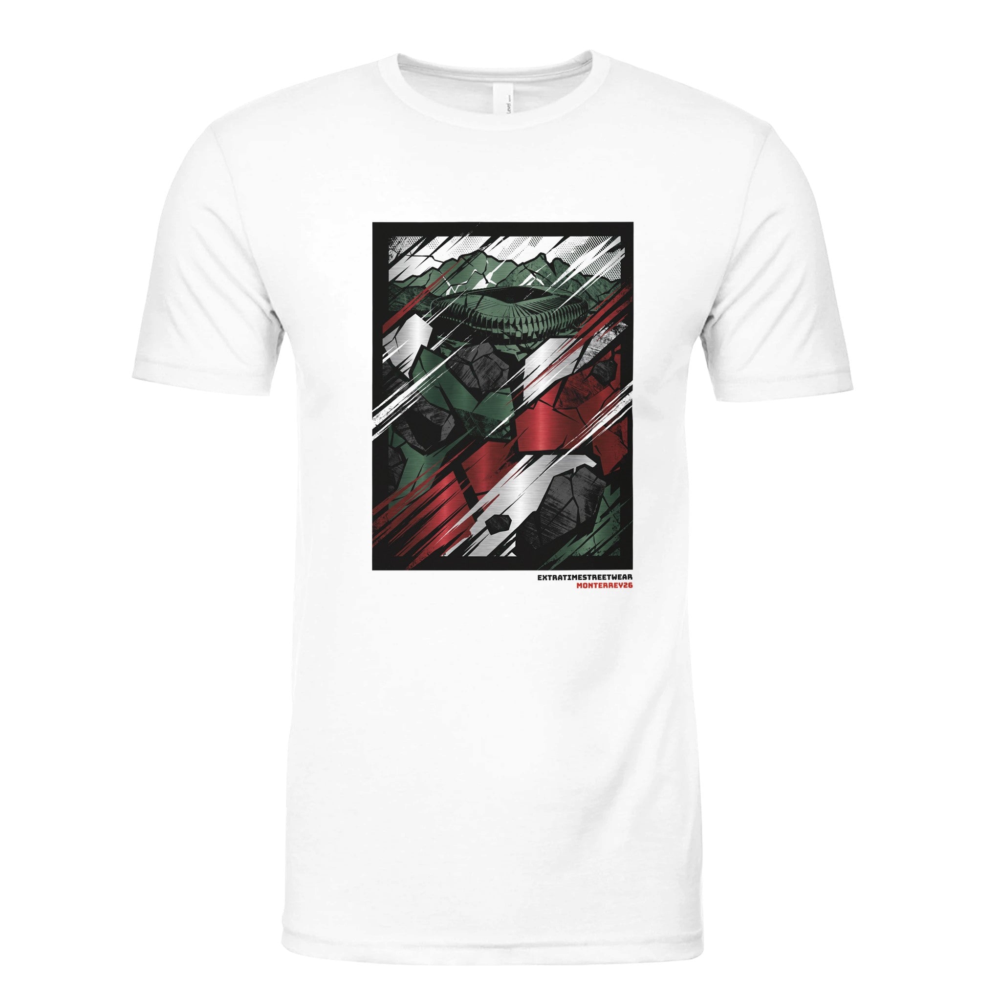 White t-shirt with a graphic design on a white background