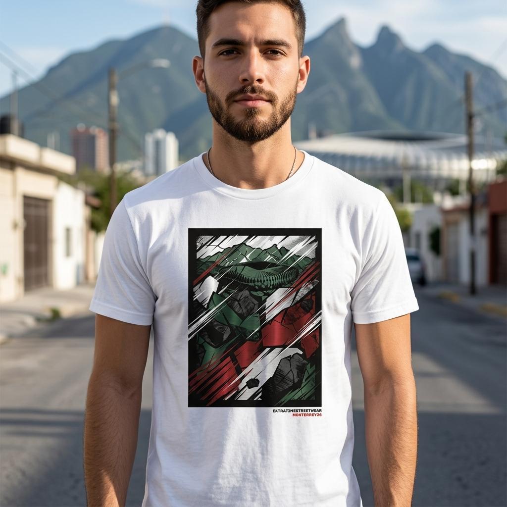 Man wearing a white t-shirt with a graphic design in an urban setting