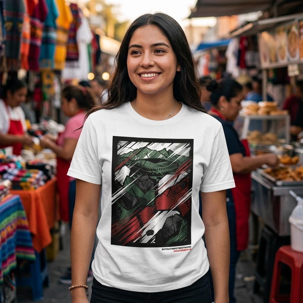 Woman wearing a white t-shirt with a graphic design in a market setting