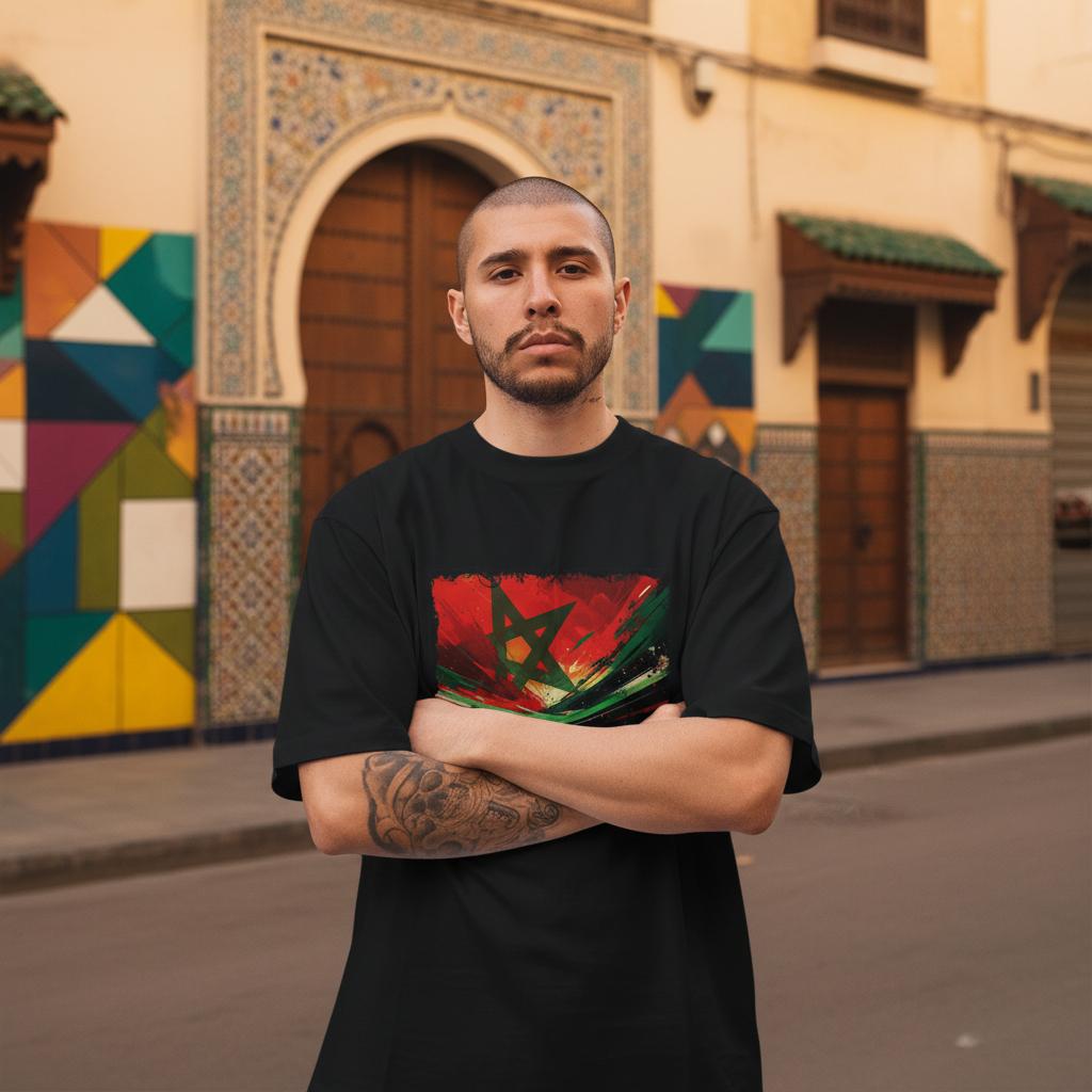 Morocco Atlas Lions Dark. Man wearing a black t-shirt with a colorful design in an urban setting