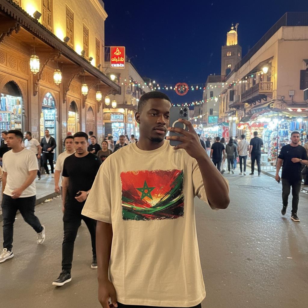 Morocco Atlas Lions Sand. Man taking a selfie in a bustling night market with a colorful flag design on his shirt.
