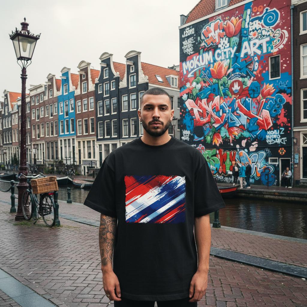 Netherlands Oranje Dark. Man wearing a black t-shirt with a colorful design in front of a graffiti-covered wall.
