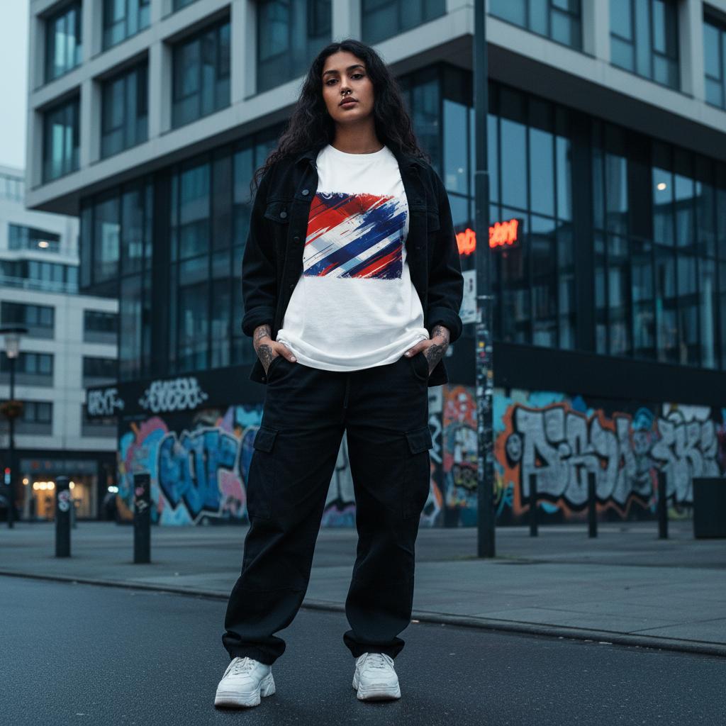 Netherlands Oranje Light. Woman wearing a white t-shirt with a colorful design and black jacket in an urban setting with graffiti.