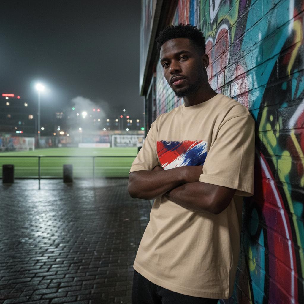Netherlands Oranje Sand. Man standing against a graffiti-covered wall at night with sports stadium in the background.