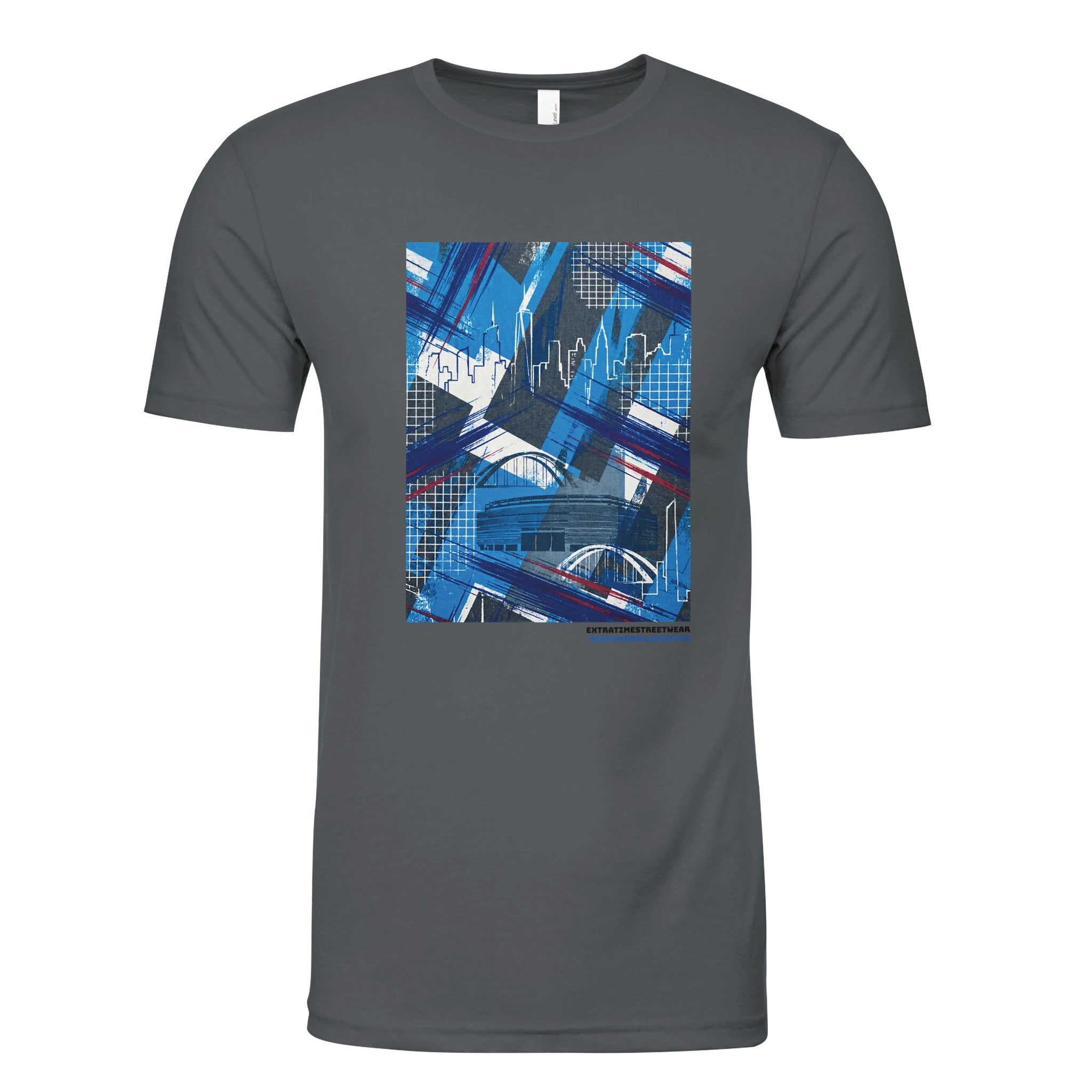 Gray shirt with NYC skyline design on front. 