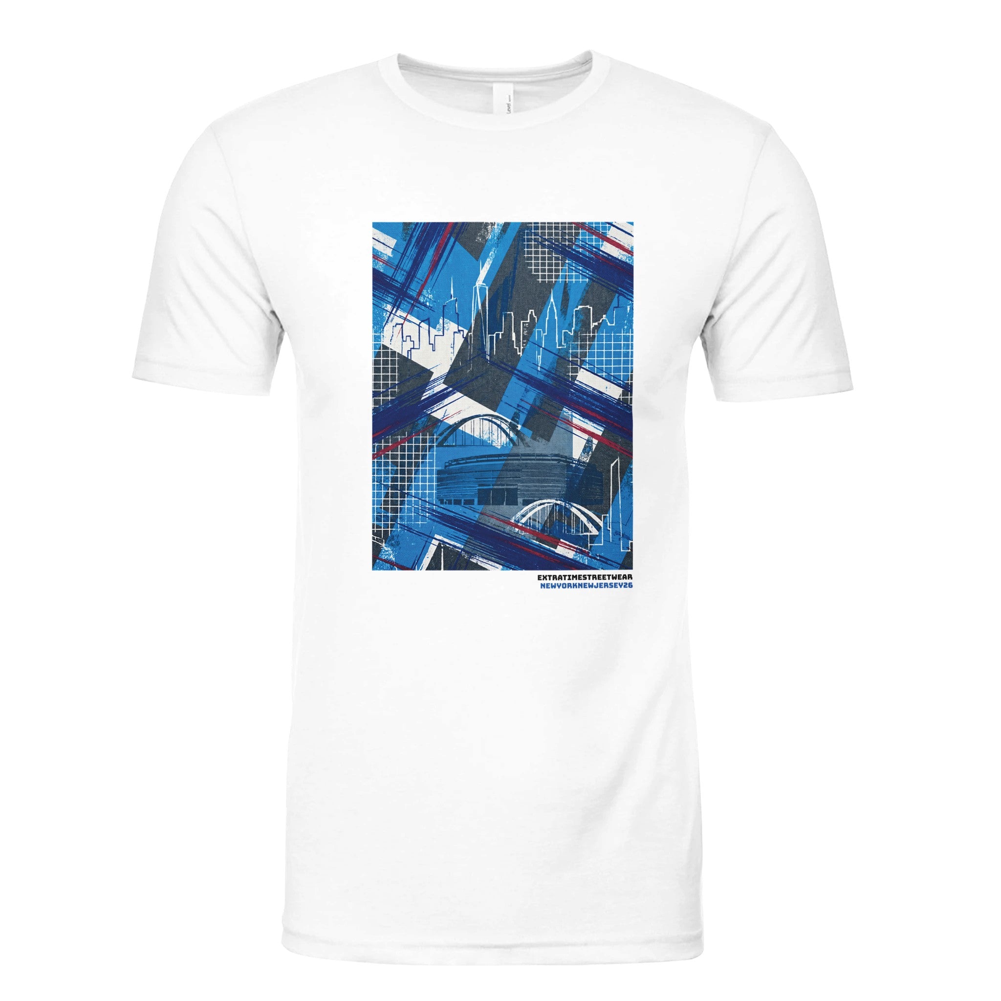 White shirt with New York / New Jersey skyline design on front. 