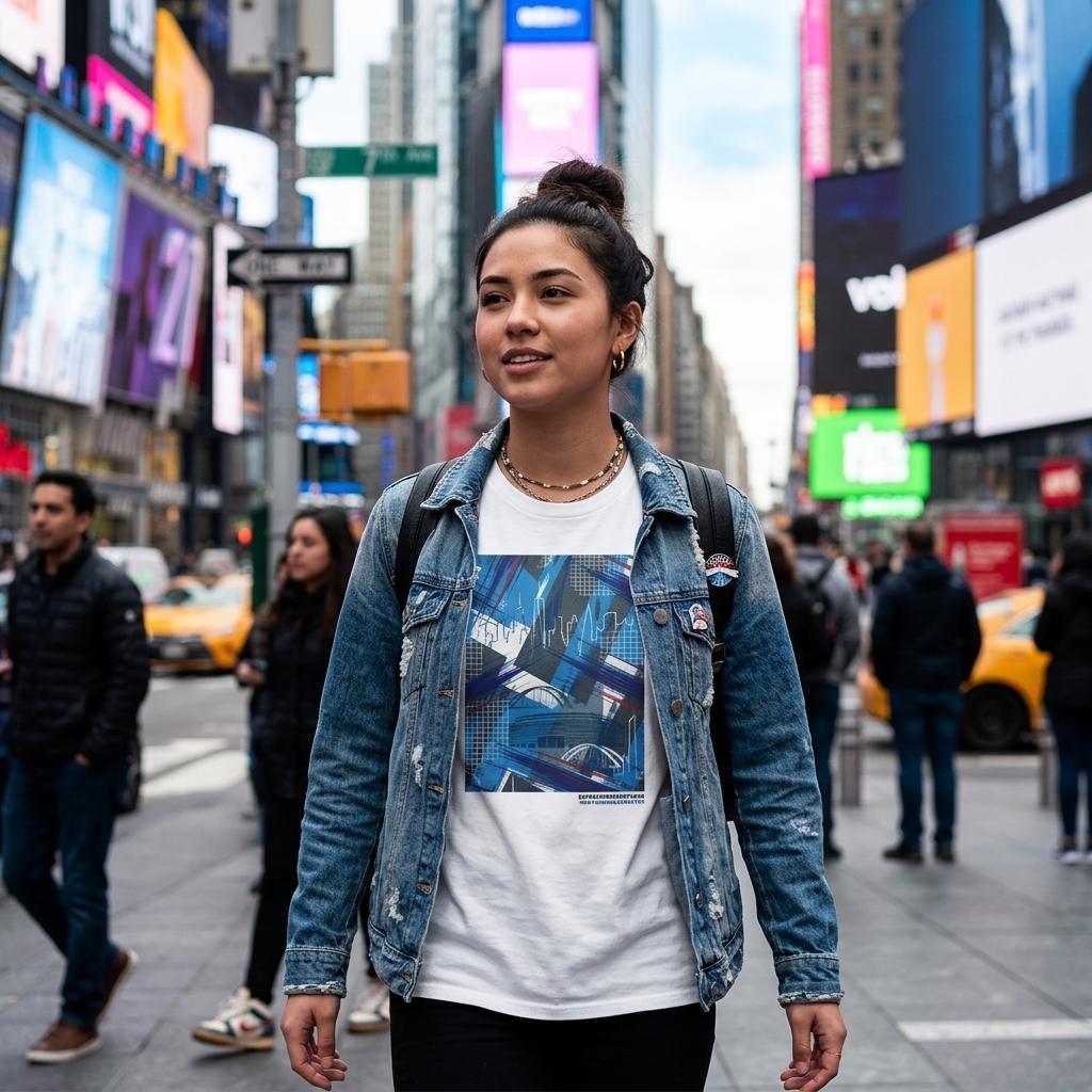 Woman standing in a busy city street with bright billboards and taxis in the background