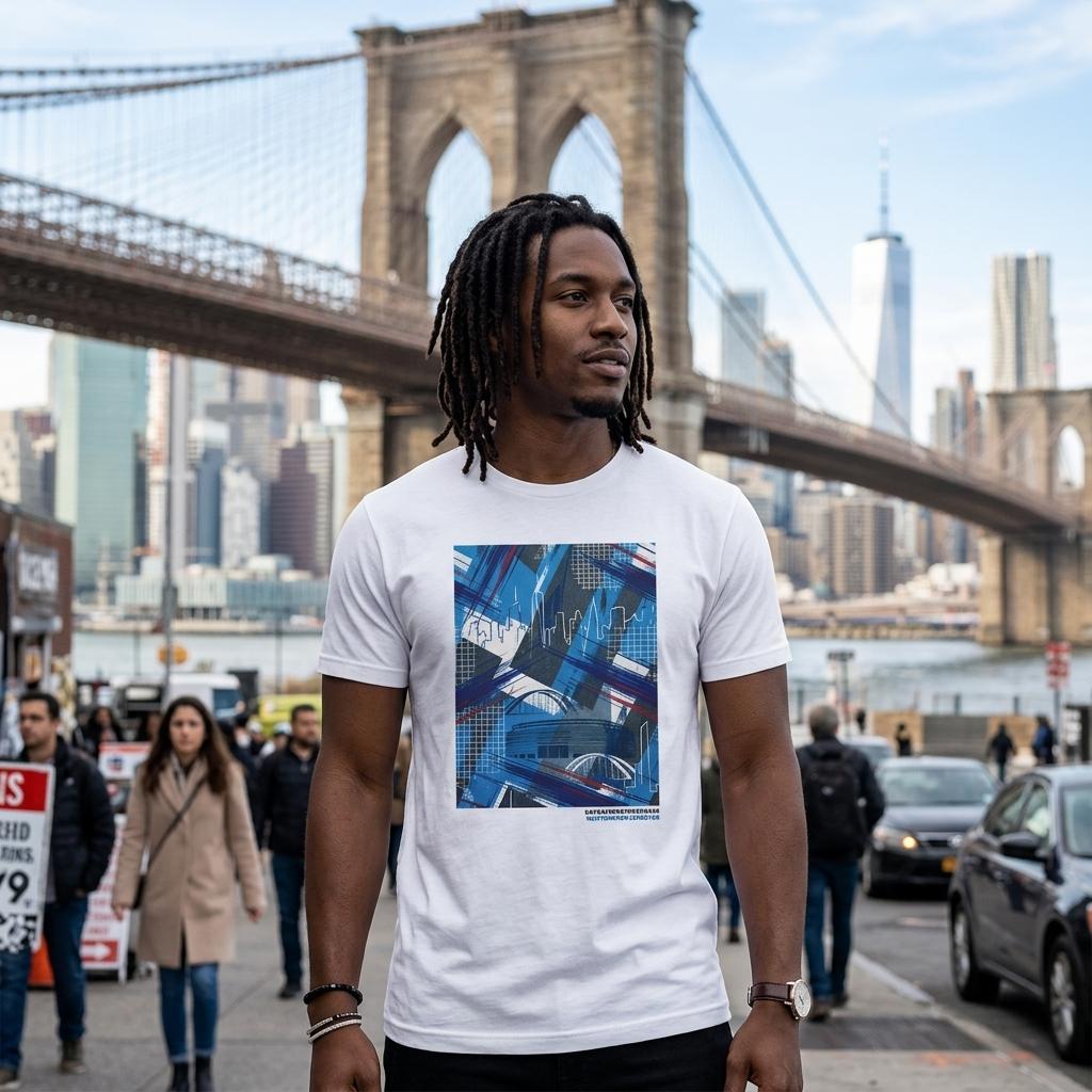 Person wearing a white t-shirt with a blue graphic design in front of the Brooklyn Bridge.