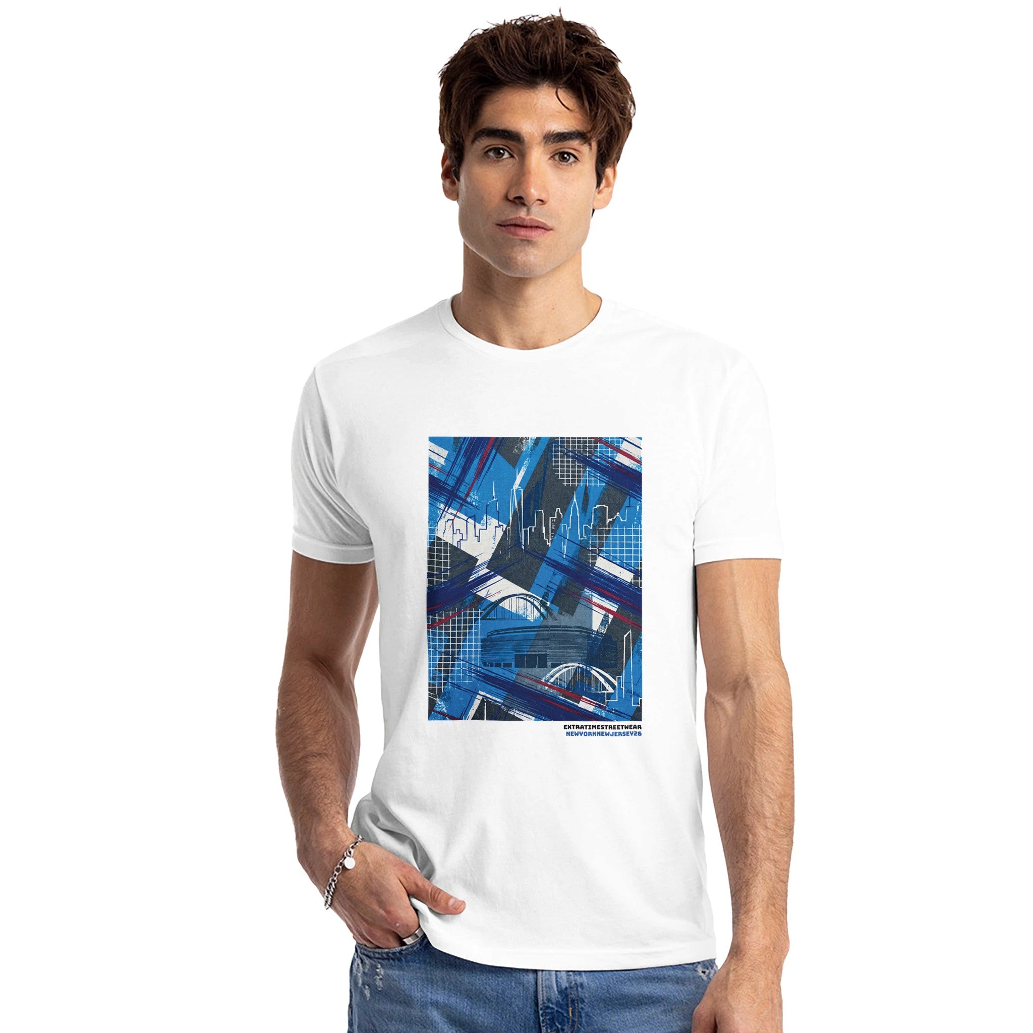 Man wearing shirt with New York / New Jersey inspired design on front. 