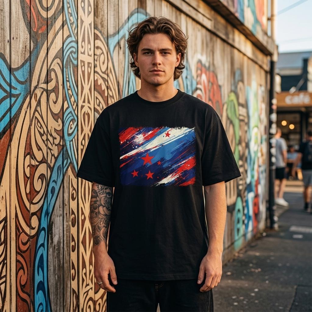 New Zealand Aoteaora Dark. Person wearing a black t-shirt with a colorful graphic design in front of a graffiti-covered wall.