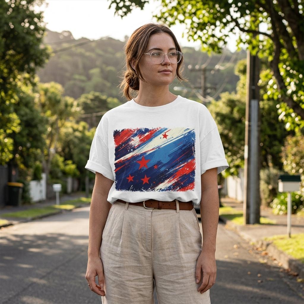 New Zealand Aoteaora Light. Woman wearing a white t-shirt with a colorful graphic design outdoors.