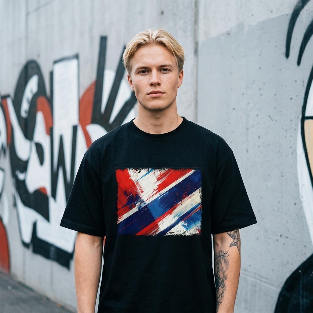Norway Vikings Dark. Person wearing a black t-shirt with a colorful graphic design in front of a graffiti-covered wall.