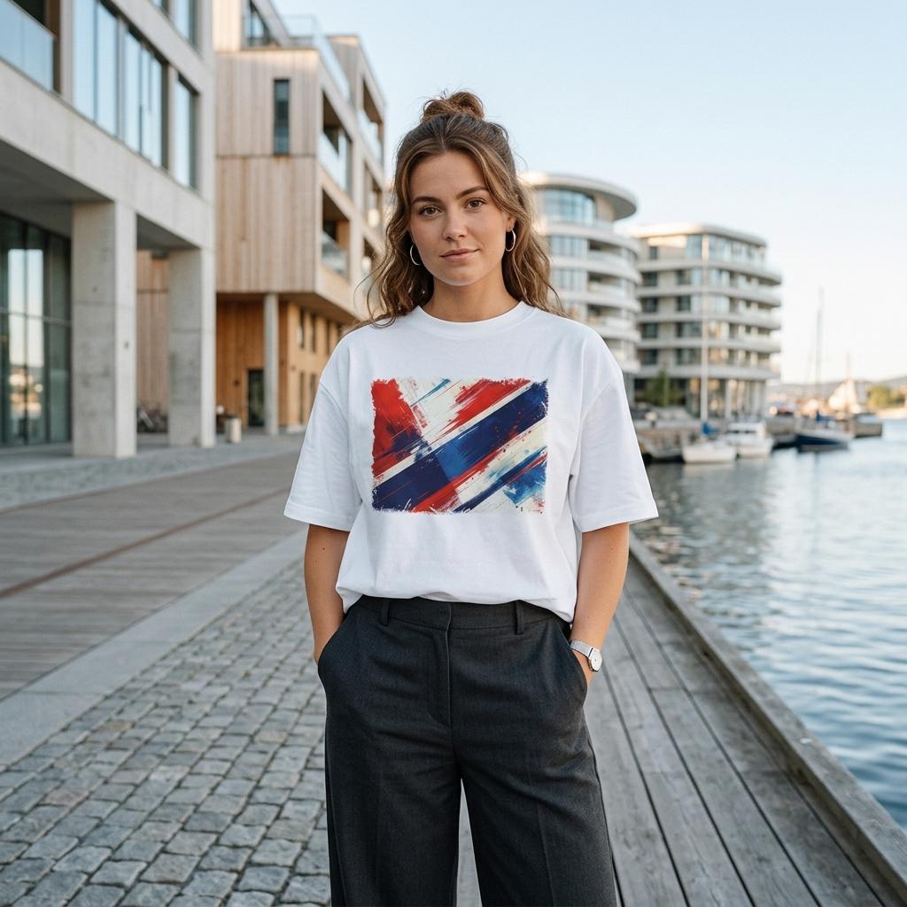Norway Vikings Light. Woman wearing a white t-shirt with a colorful design by a waterfront with modern buildings.