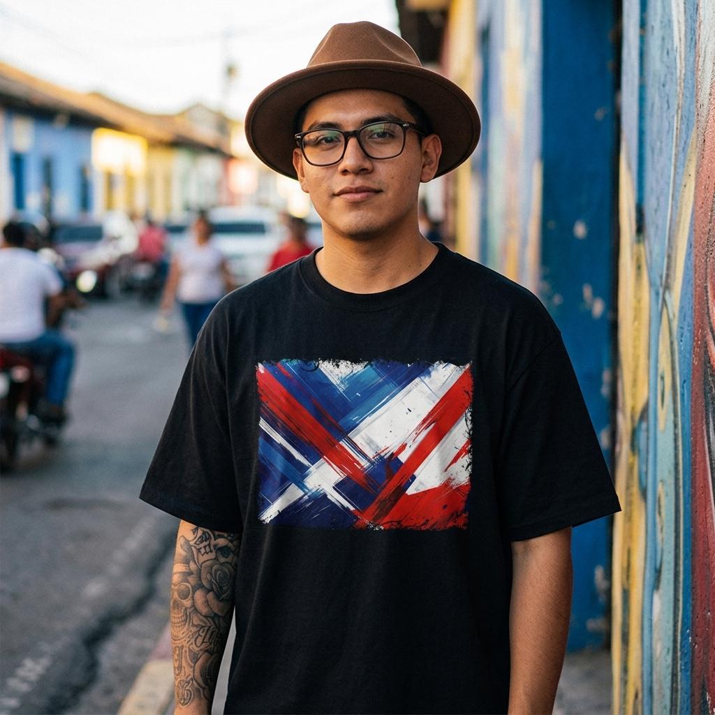 Panama Los Canaleros Dark. Man wearing a black t-shirt with a colorful design and a brown hat standing on a street.